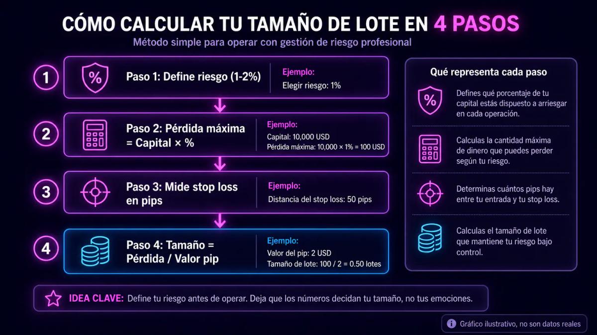 Diagrama de flujo con pasos para calcular tamaño de lote desde capital inicial hasta riesgo máximo