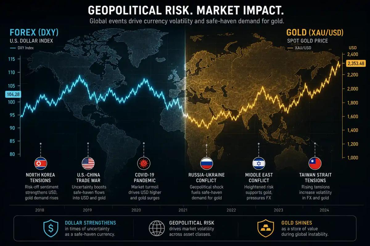 Geopolitical risk trading - world map overlaid with forex and gold market chart lines