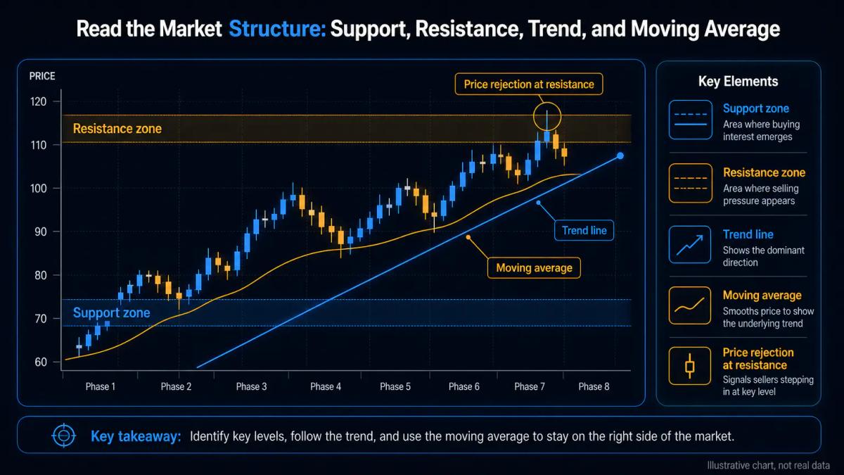 Price chart annotated with support and resistance zones, trend lines and moving averages