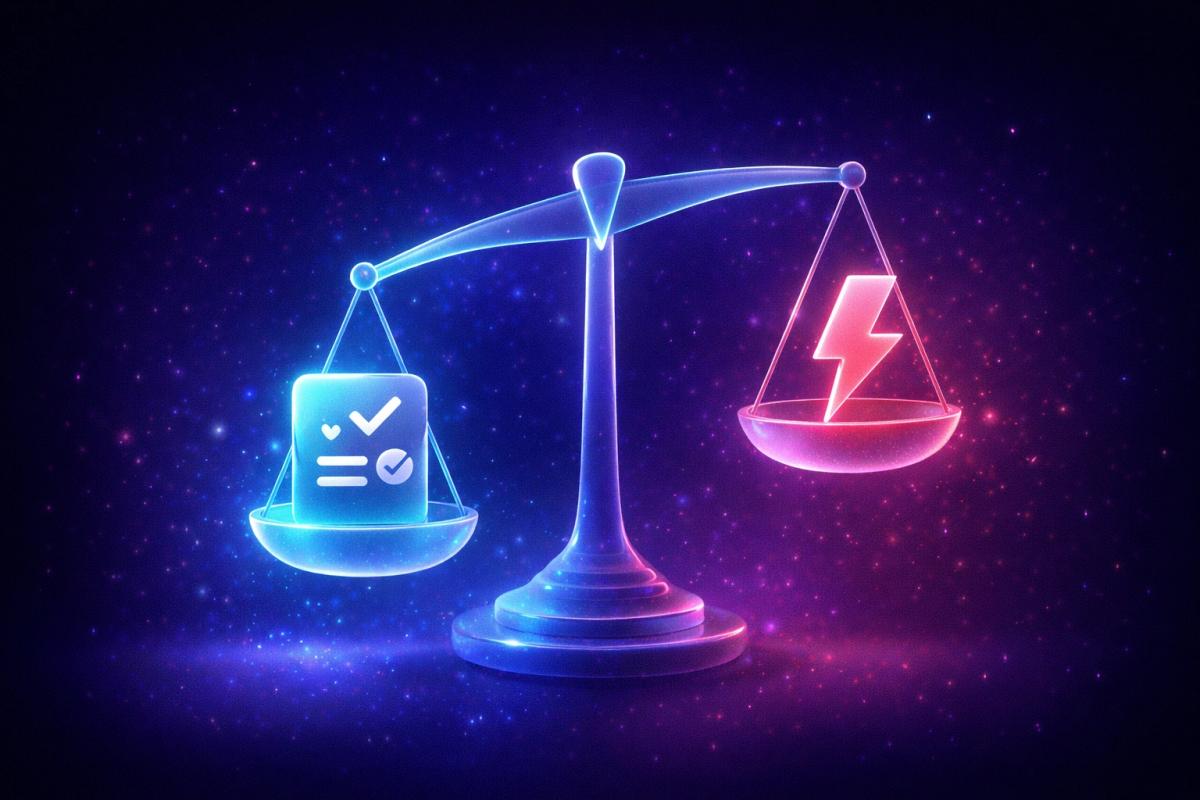 Balanza 3D en vidrio translúcido con un platillo que contiene un plan de trading y otro con un rayo de impulso, desequilibrada hacia el impulso