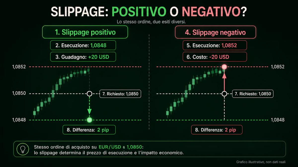 Confronto tra slippage positivo e negativo su EUR/USD: acquisto a 1,0850 eseguito a 1,0848 e a 1,0852