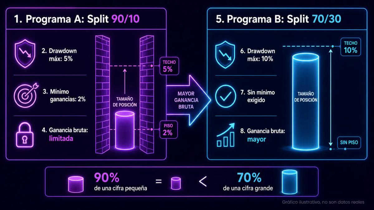 Tabla comparativa de dos escenarios: split 90/10 restrictivo versus split 70/30 flexible con sus límites de drawdown y rentab