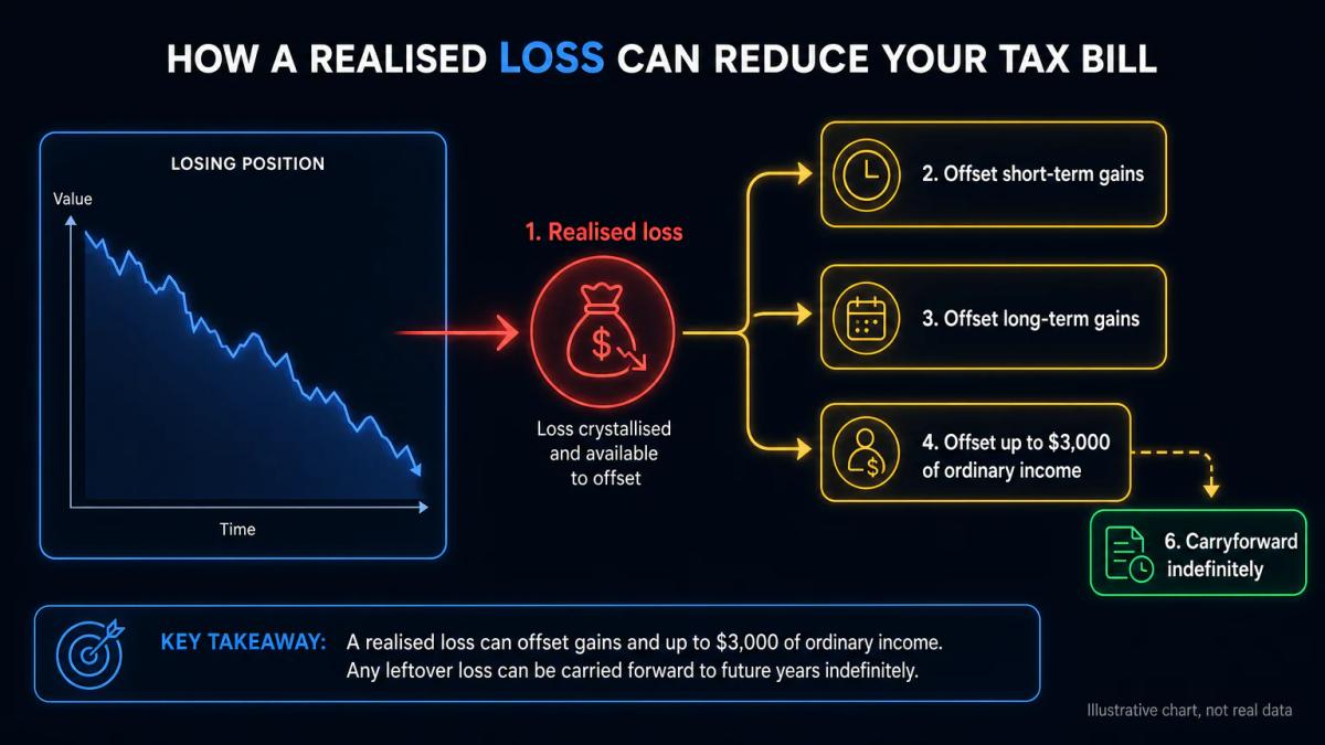 Tax-loss harvesting workflow showing a losing position sold, loss offset against gains, and remaining loss applied to income