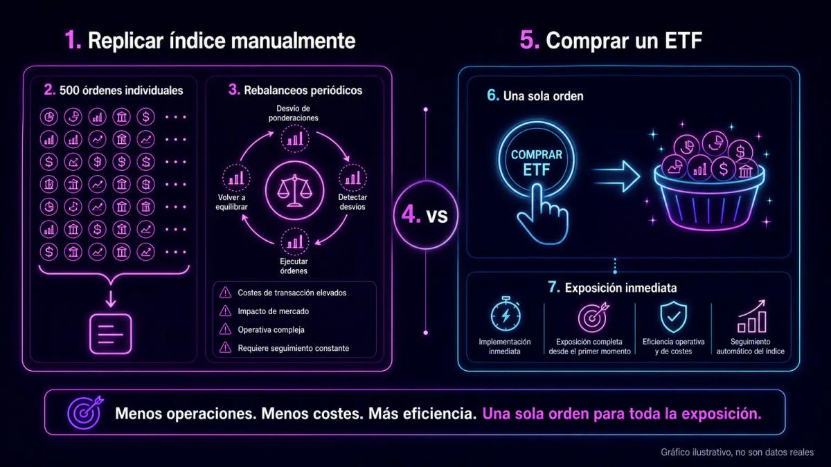 Comparación de dos caminos: comprar 500 acciones individuales versus una sola orden de ETF que agrupa todas