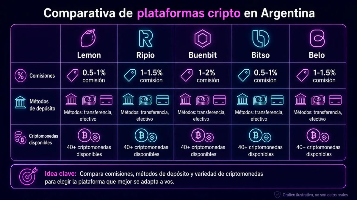 Tabla comparativa de cinco exchanges argentinos con comisiones, métodos de depósito y criptomonedas disponibles