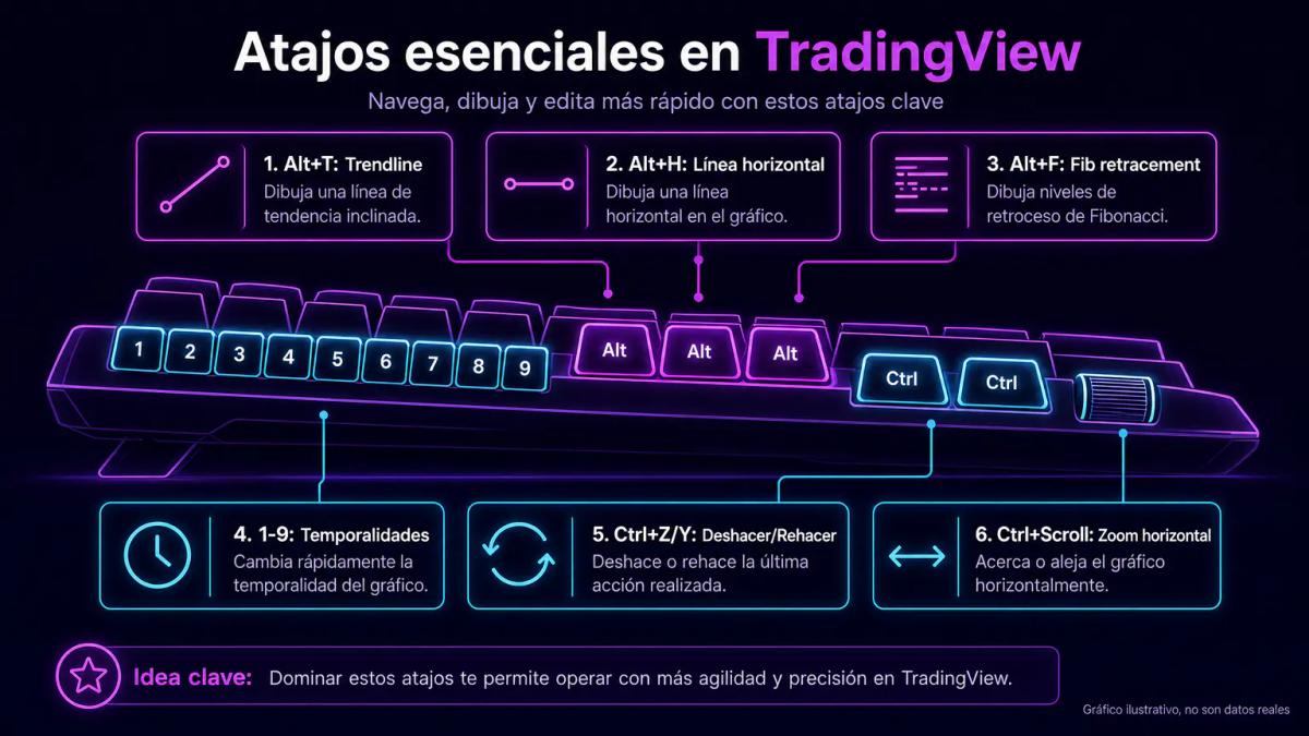 Teclado anotado con atajos de TradingView resaltados: Alt+T trendline, Alt+H línea horizontal, números 1-9 para temporalidade