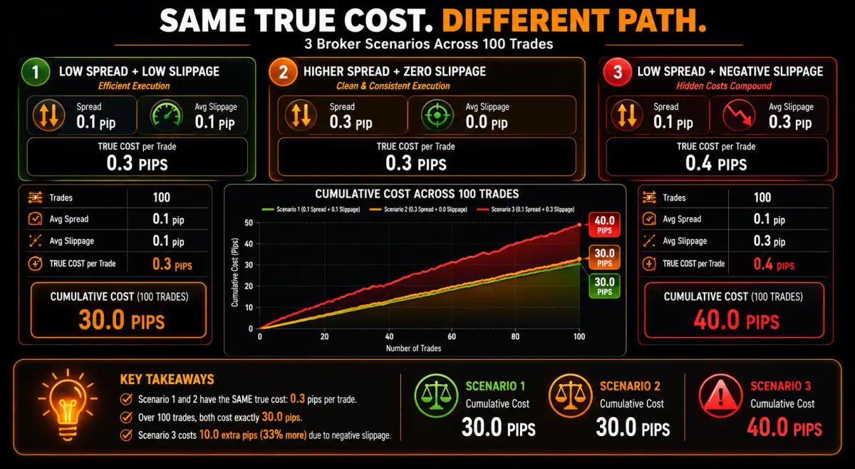 Visual comparison of true forex trading costs across 100 trades for two brokers with different spread and slippage profiles