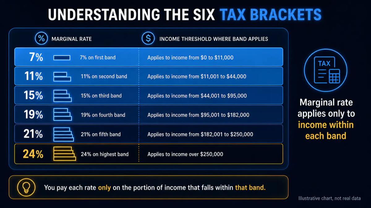 Tax bracket chart showing six progressive rates from 7% to 24% applied to income bands