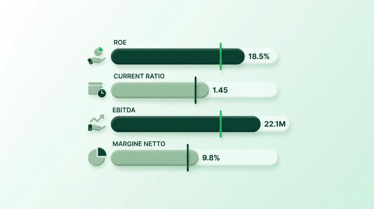 Quattro indici finanziari confrontati in grafici a barre: ROE, current ratio, EBITDA e margine netto