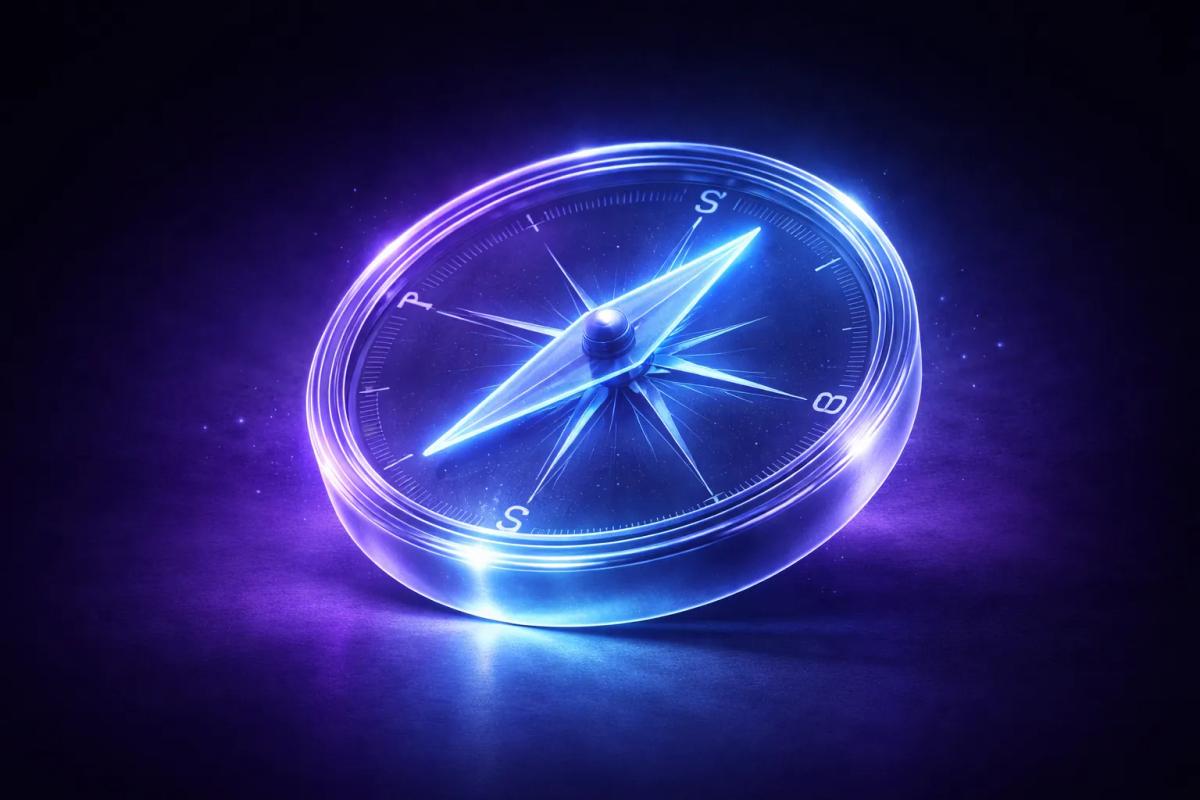 Brújula 3D translúcida con luz cian sobre fondo azul profundo representando claridad y dirección