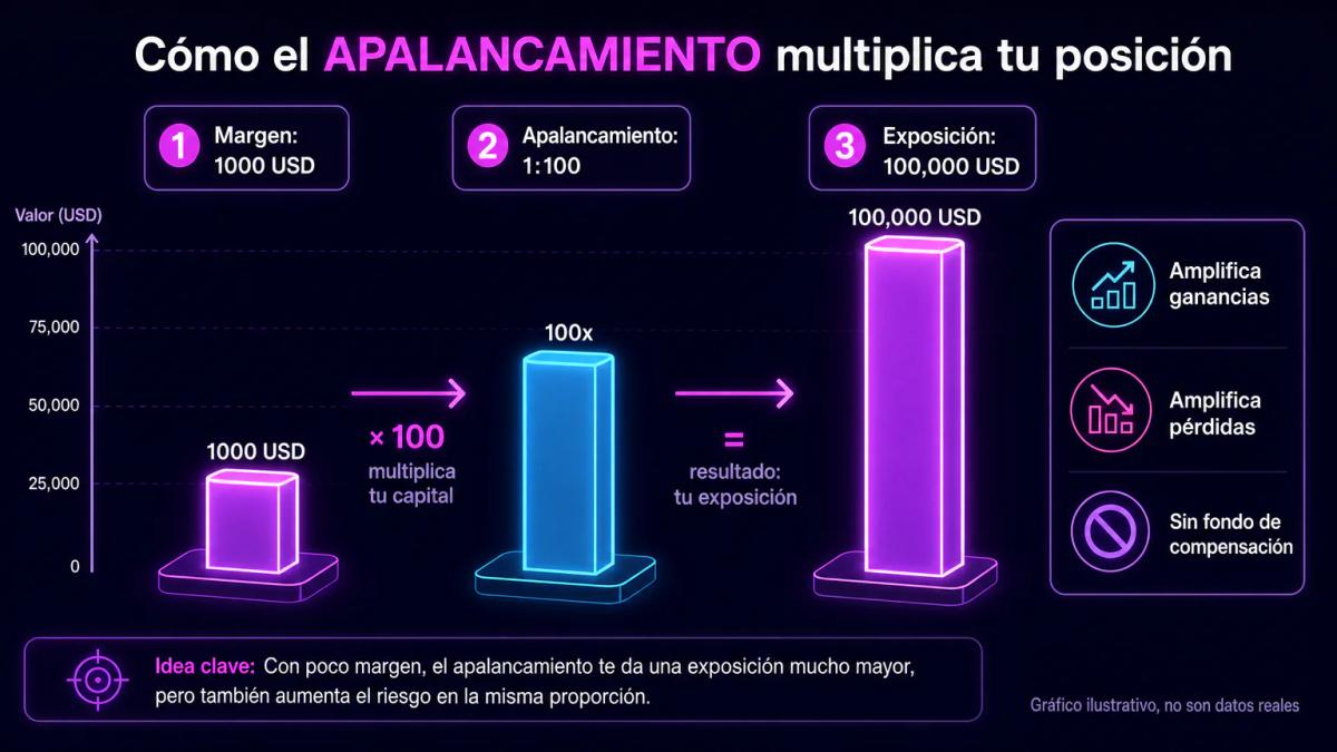 Comparación visual de margen inicial, apalancamiento y exposición total en una operación de forex