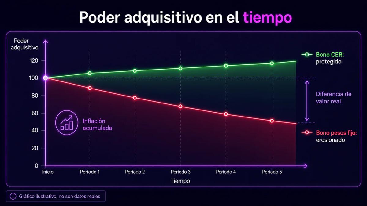 Comparación de dos líneas de poder adquisitivo en el tiempo: bono CER mantiene valor, bono en pesos fijo cae