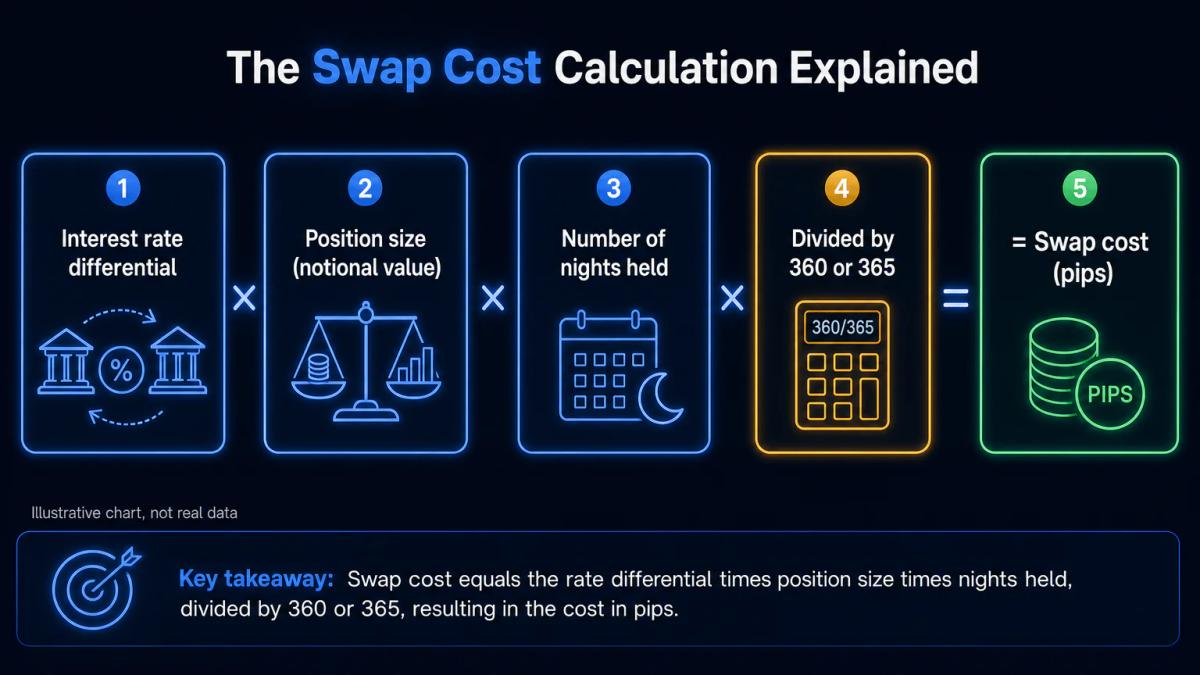 Formula breakdown showing interest rate differential, position size, and days held multiplied to calculate swap cost