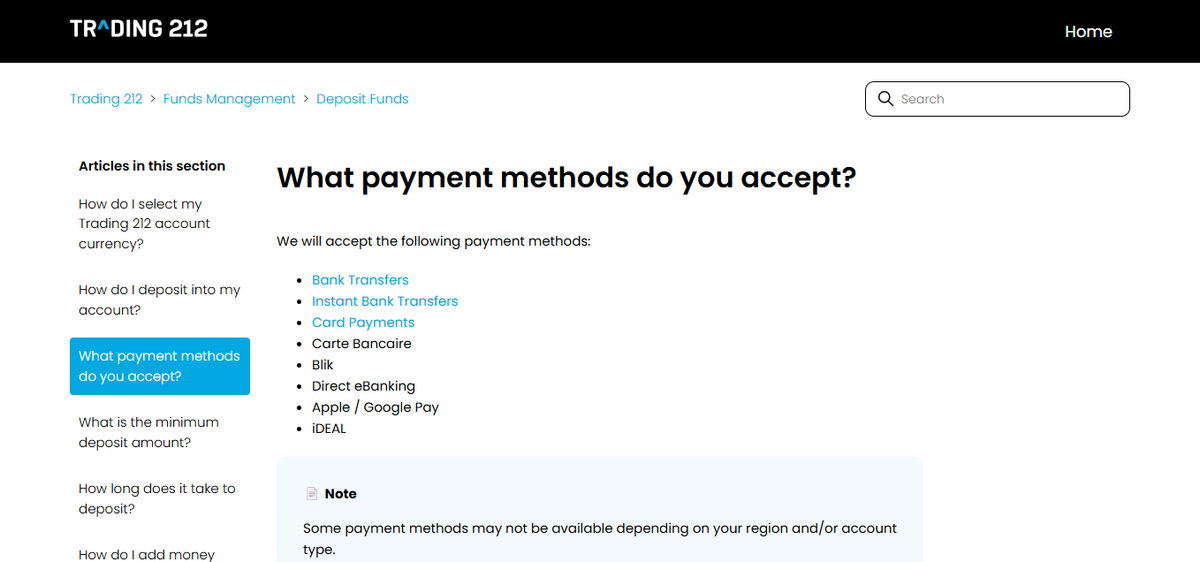 Help Centre article detailing deposit and withdrawal methods, limits and processing times