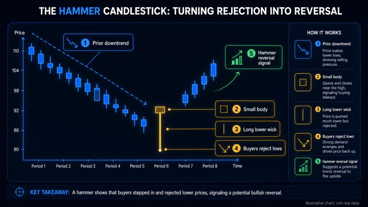 Hammer pattern with small body near top and long lower wick after downtrend