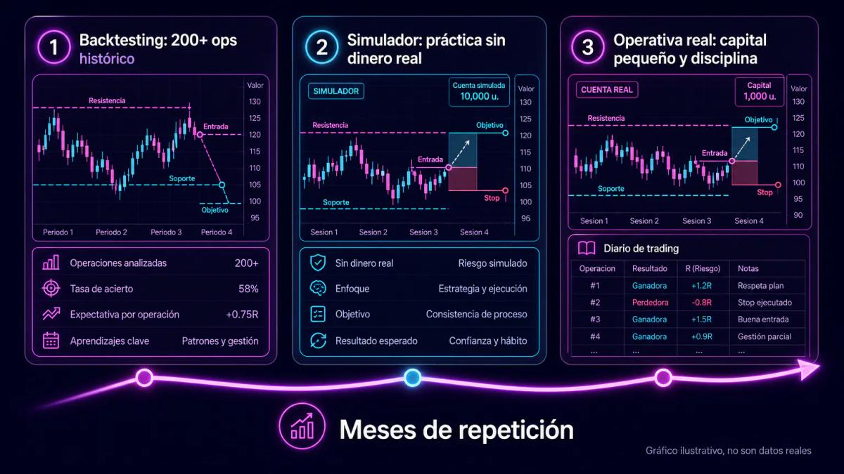 Tres etapas de acumulación de experiencia: backtesting de 200 operaciones, simulador de TradingView, operativa real con capit
