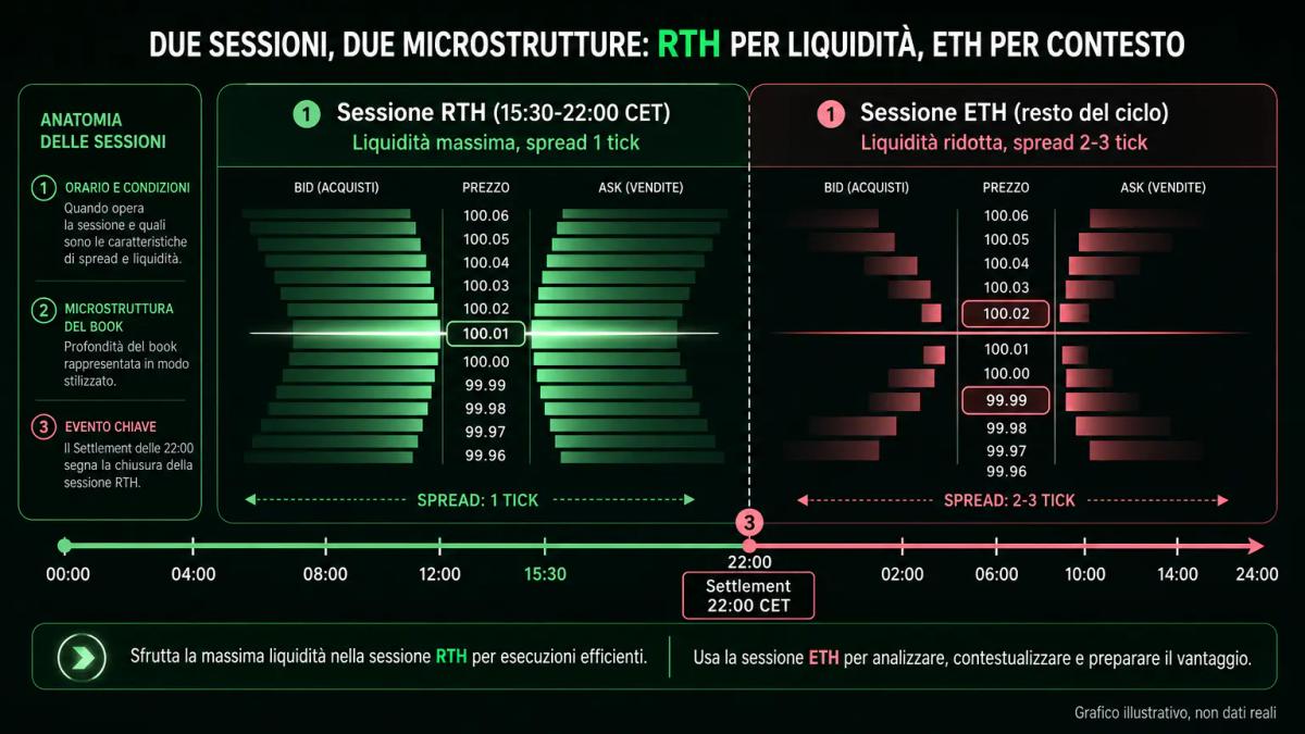 Infografica che mostra la timeline delle sessioni RTH ed ETH su ES con spread e liquidità annotati