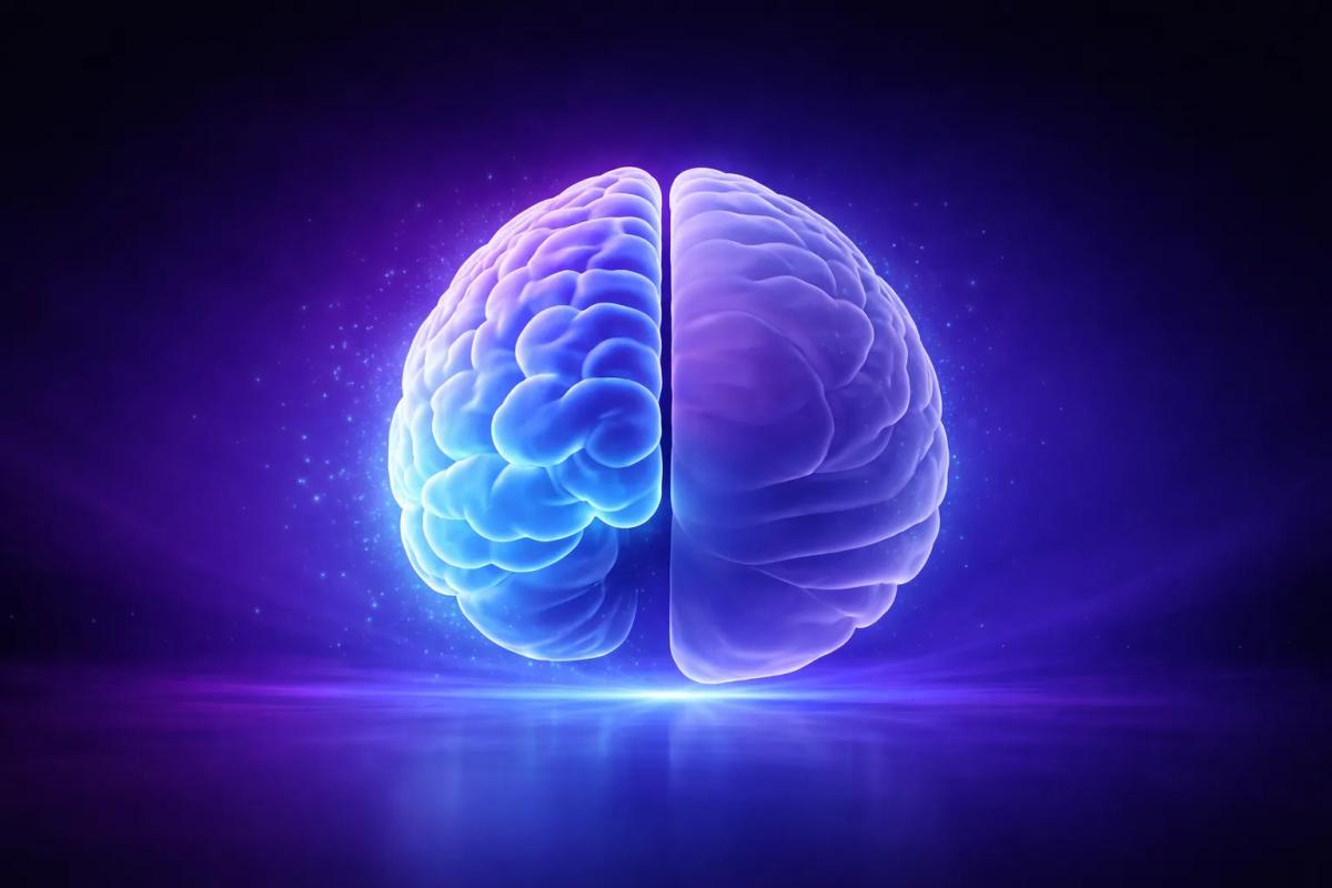Cerebro abstracto 3D con efecto glassmorphism, mitad iluminada y mitad velada, representando la percepción selectiva