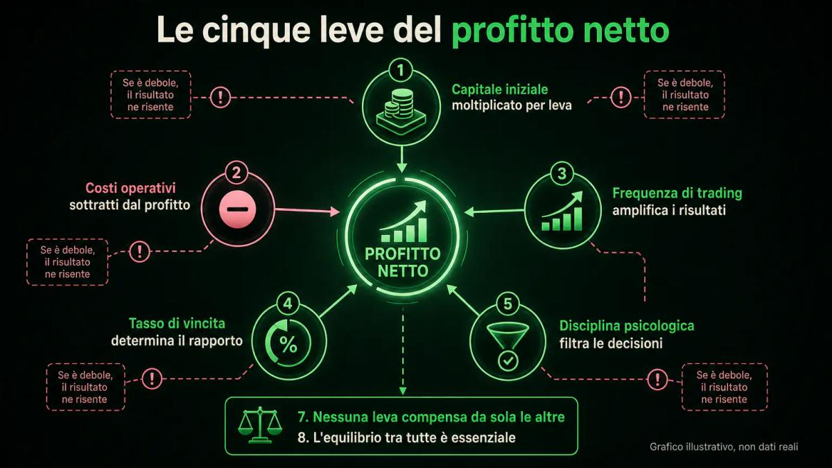 Cinque leve interconnesse: capitale, costi, frequenza, tasso di vincita e disciplina, con esempi di equilibrio e squilibrio