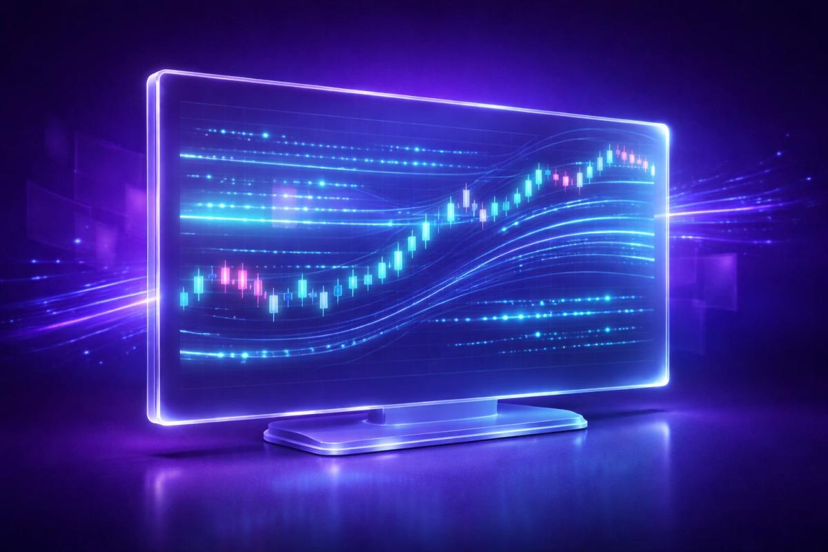 Monitor financiero 3D con flujo de datos de mercado en tiempo real