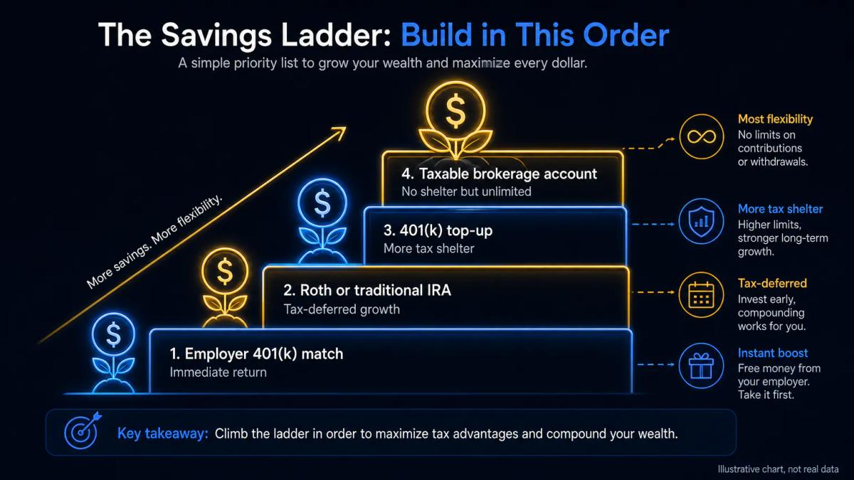 Savings priority ladder showing employer match, IRA, 401k top-up, then taxable account in order