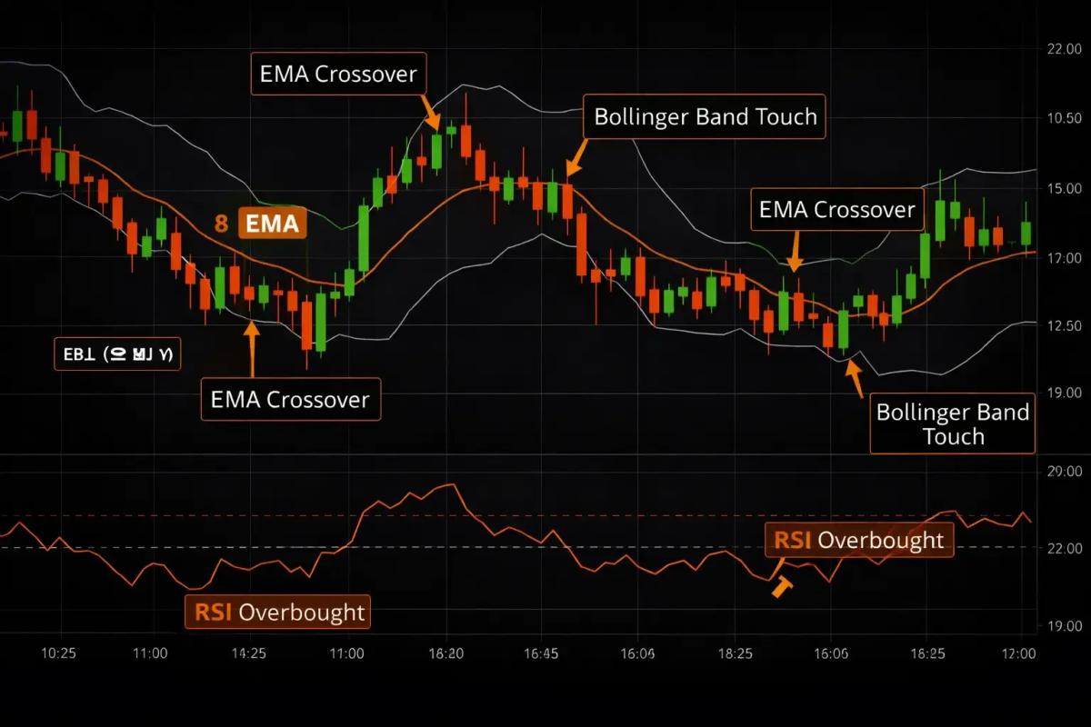 MT4 scalping indicator setup with EMA crossovers RSI levels and Bollinger Band signals annotated on chart