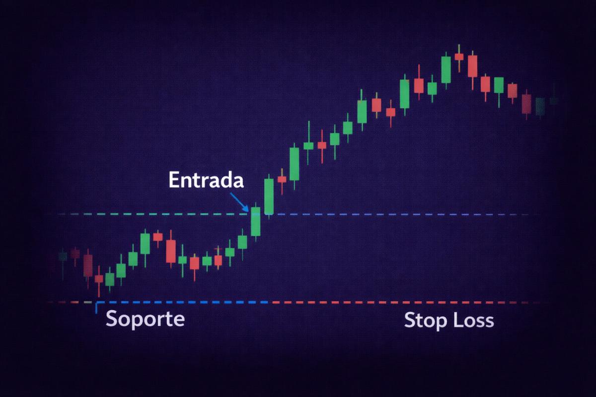 1: Gráfico de velas simplificado con líneas de stop loss debajo del precio de entrada y take profit arriba