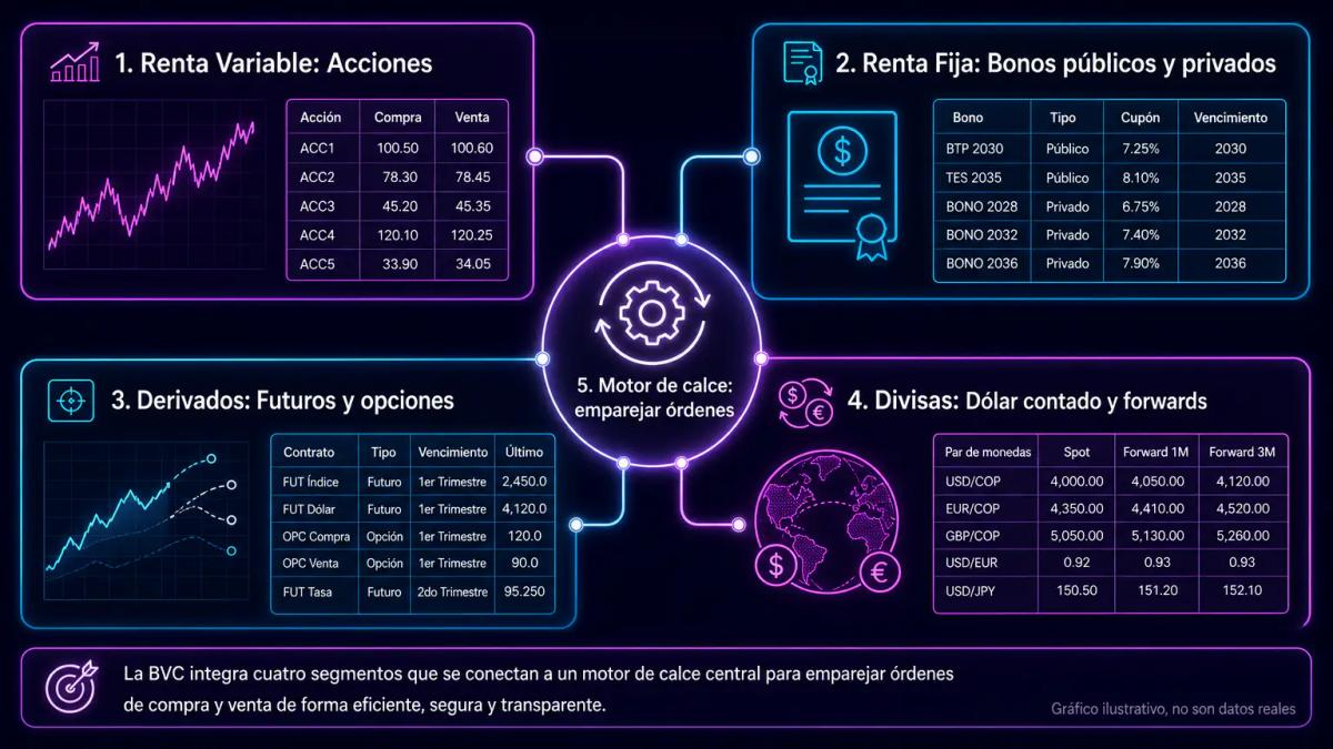 Diagrama de cuatro segmentos de mercado de la BVC: renta variable, renta fija, derivados y divisas con ejemplos de activos en