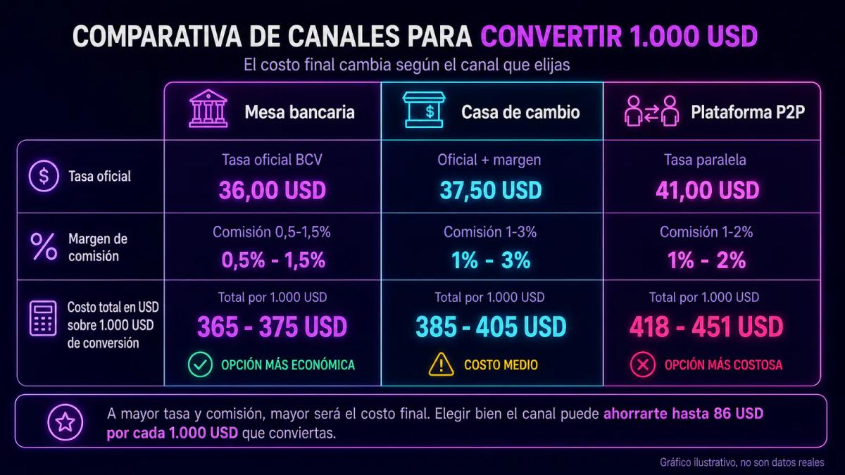 Tabla comparativa de tres canales de conversión: tasa oficial, comisión y spread entre mesa bancaria, casa de cambio y plataf