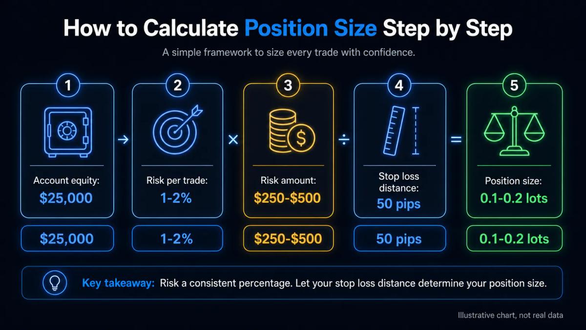 Risk calculation breakdown showing account equity, risk percentage, stop loss distance, and resulting position size