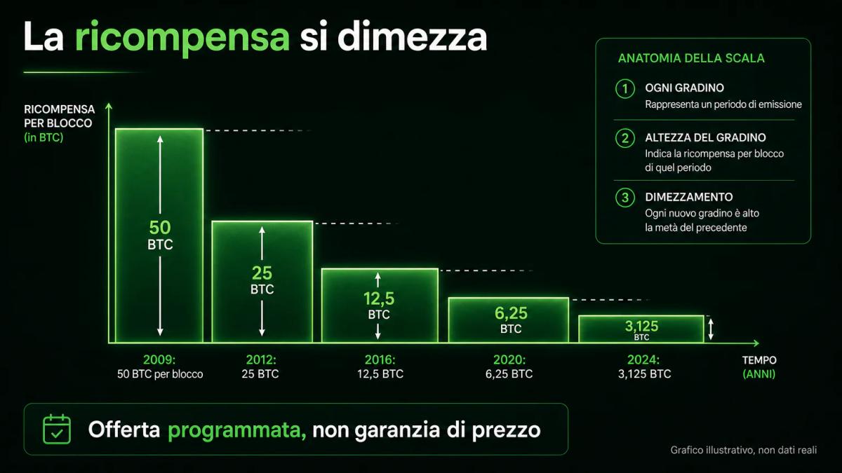 La ricompensa per blocco che si dimezza a ogni halving, da 50 BTC nel 2009 a 3,125 BTC dal 2024