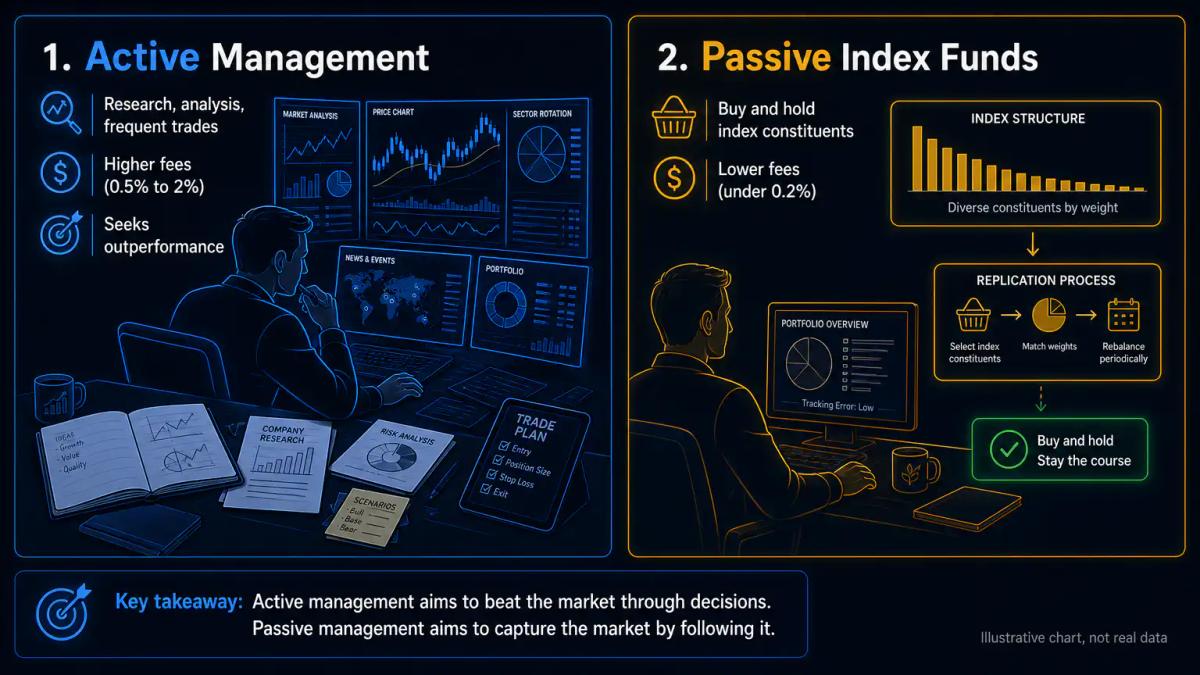 Two fund managers at work: one actively researching and trading, one passively monitoring an index replica