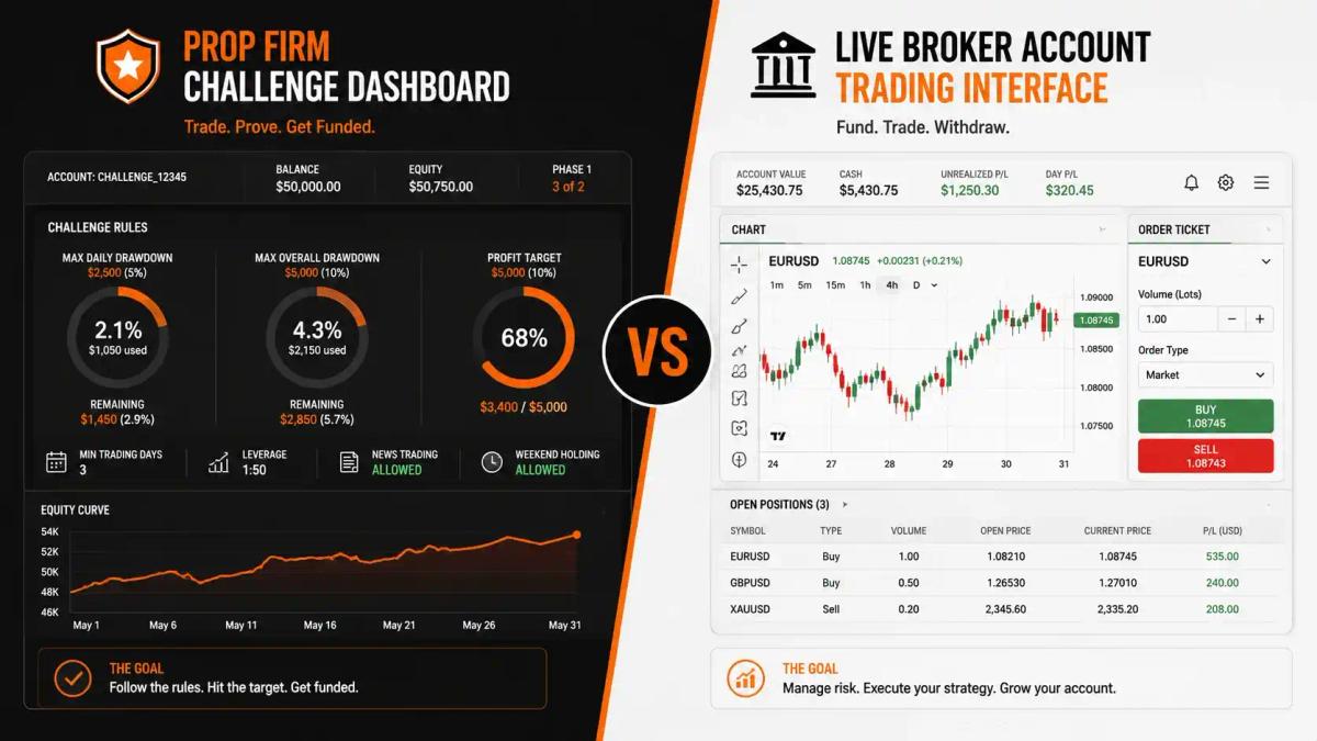 Prop firm challenge dashboard versus live broker account trading interface comparison graphic