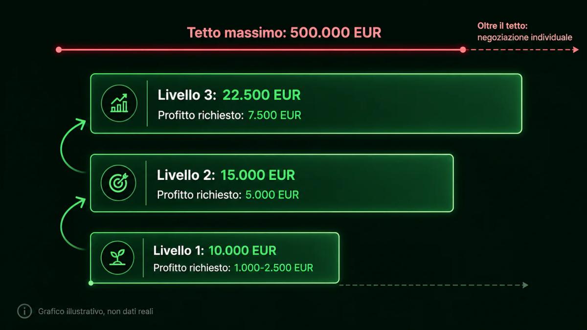Infografica con tre livelli di capitale scalato, soglie di profitto e tetti massimi annotati