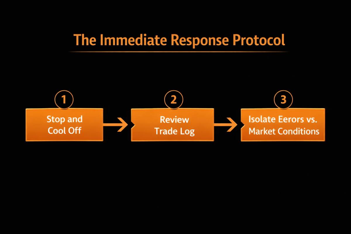 Three-step losing streak response flowchart: stop and cool off, review trade log, isolate errors