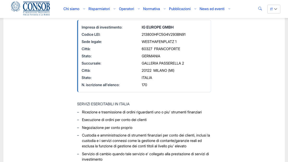 Registro CONSOB con IG Europe GmbH, succursale italiana, numero 170 in evidenza
