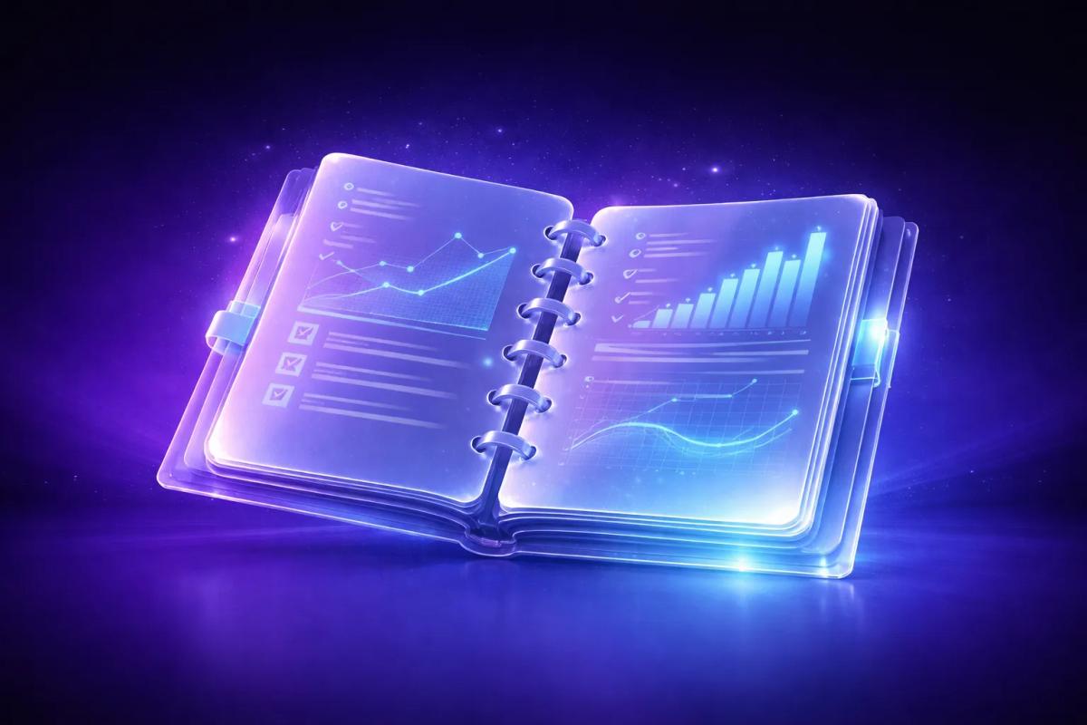 Cuaderno de registro 3D en glassmorphism con líneas abstractas de anotaciones sobre fondo azul púrpura