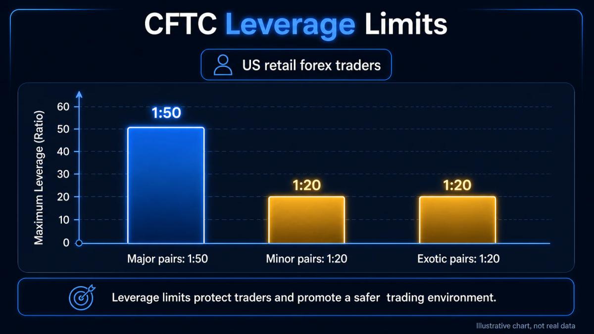 Leverage ratio comparison chart showing CFTC caps for major pairs, minor pairs and exotic pairs