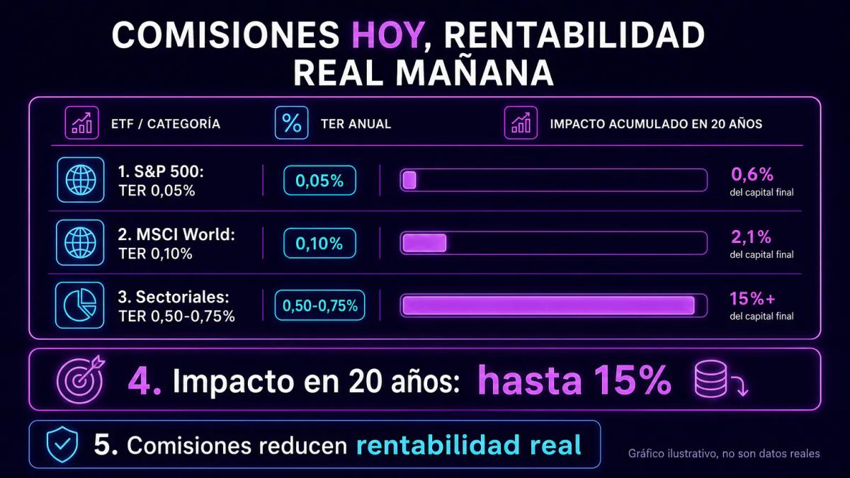 Tabla comparativa de TER en ETFs: indexados amplios versus sectoriales y temáticos