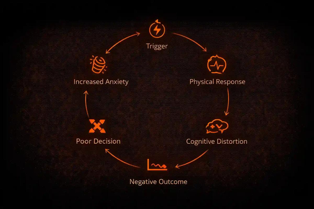 Flowchart showing the trading anxiety cycle from trigger through physical response, cognitive distortion, poor decision, and negative outcome back to increased anxiety