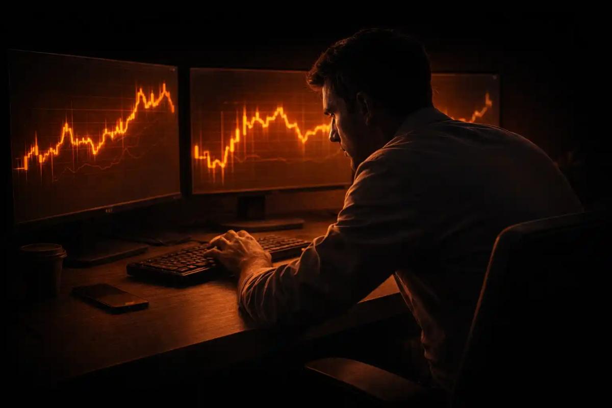 Tense trader leaning forward at multi-monitor desk with hand hovering over mouse, showing trading impatience