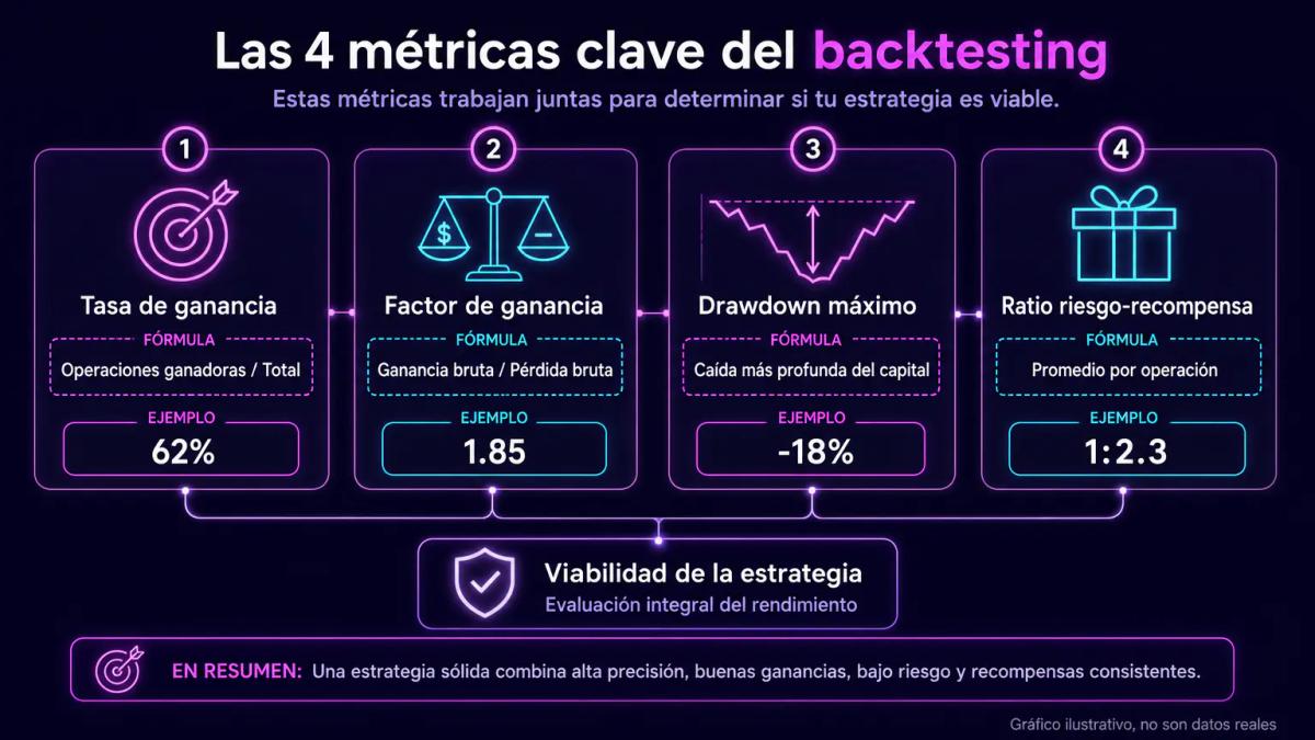 Infografía editorial mostrando cuatro métricas de backtesting con fórmulas y valores de ejemplo
