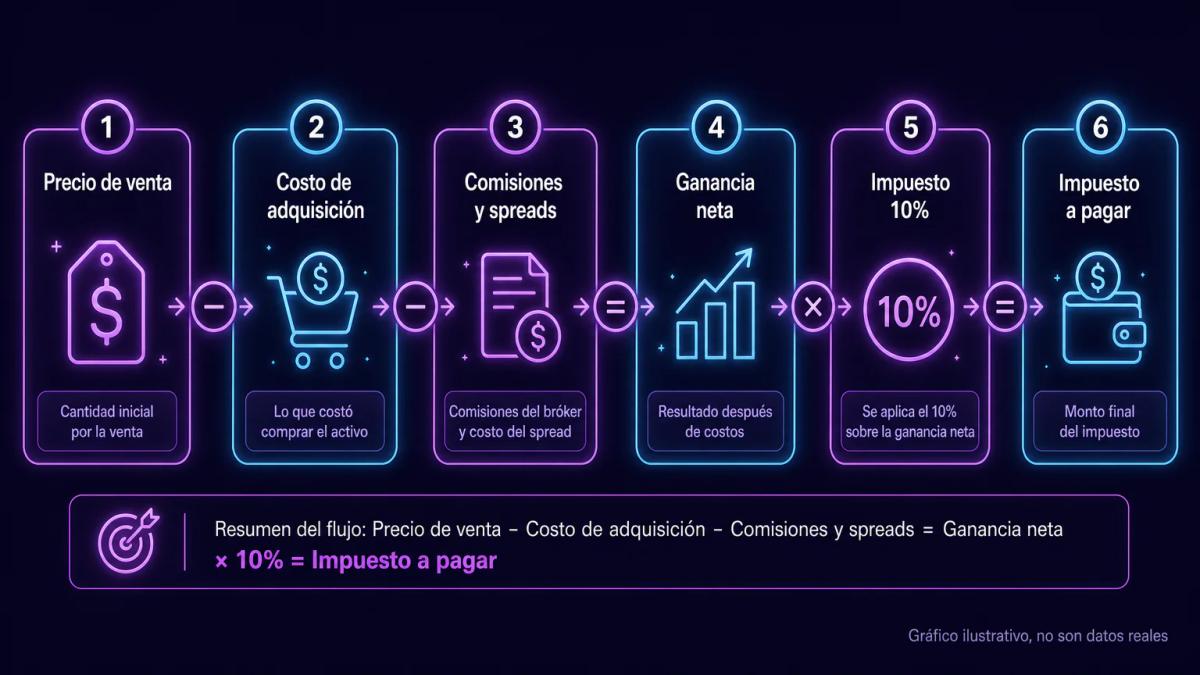 Desglose de cálculo fiscal: precio de venta menos costo de adquisición y comisiones, resultado neto gravable al 10%