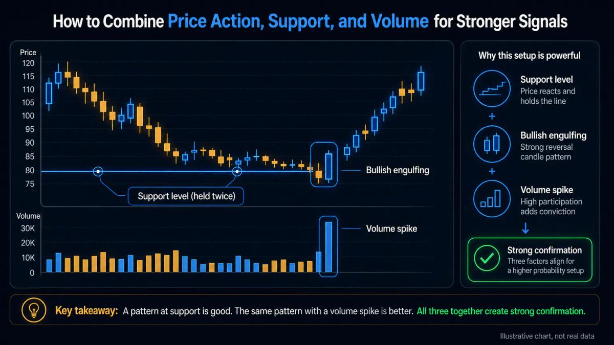 Bullish engulfing pattern at support level with volume spike confirmation