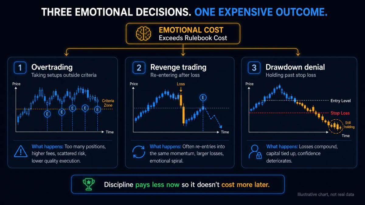 Three failure patterns in prop trading: overtrading, revenge trading, and drawdown denial