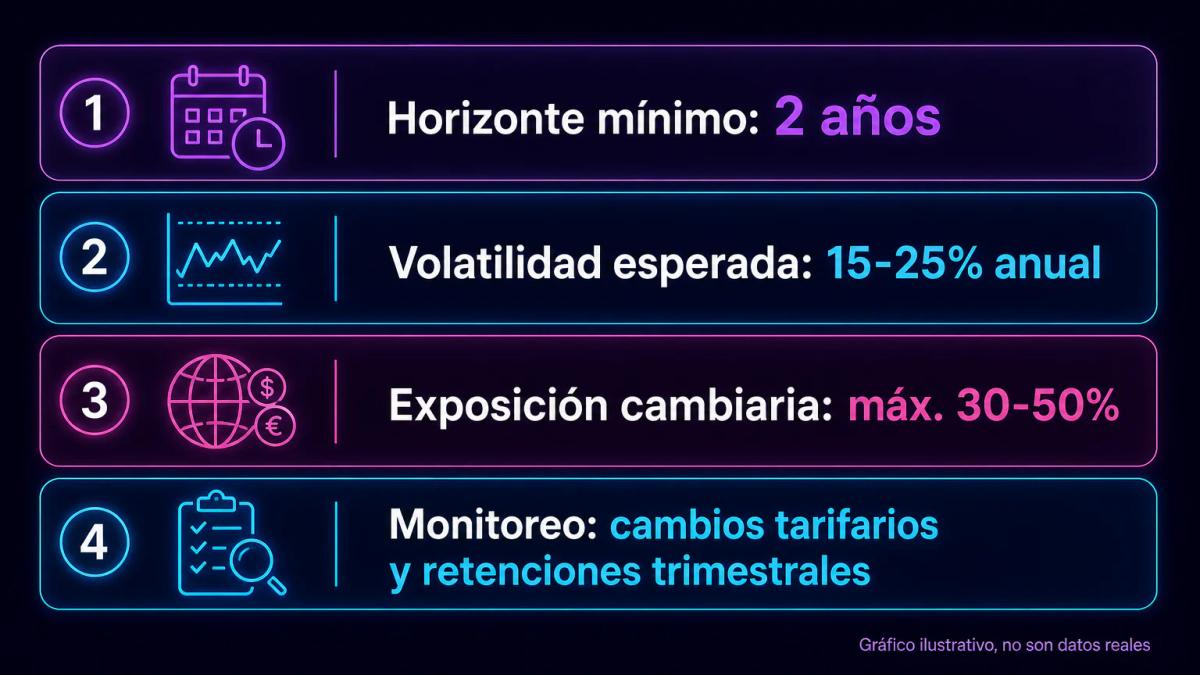 Tabla comparativa de horizontes de inversión, volatilidad esperada, exposición cambiaria y riesgo regulatorio para acciones e