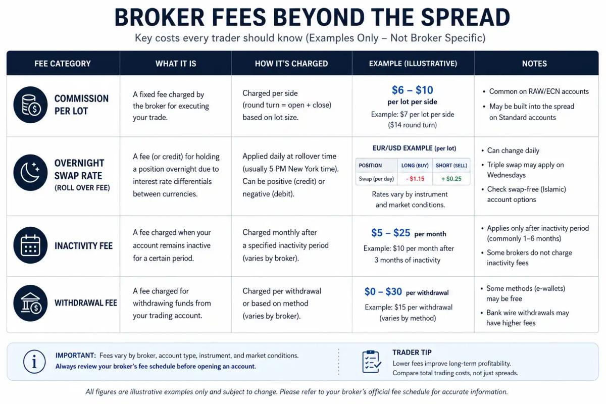 Forex broker fee breakdown infographic showing commission swap rates inactivity fees and withdrawal charges