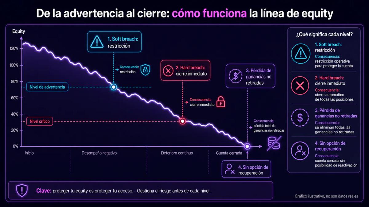 Línea de equity que cae bruscamente y cruza múltiples límites en cascada hasta el cierre de cuenta
