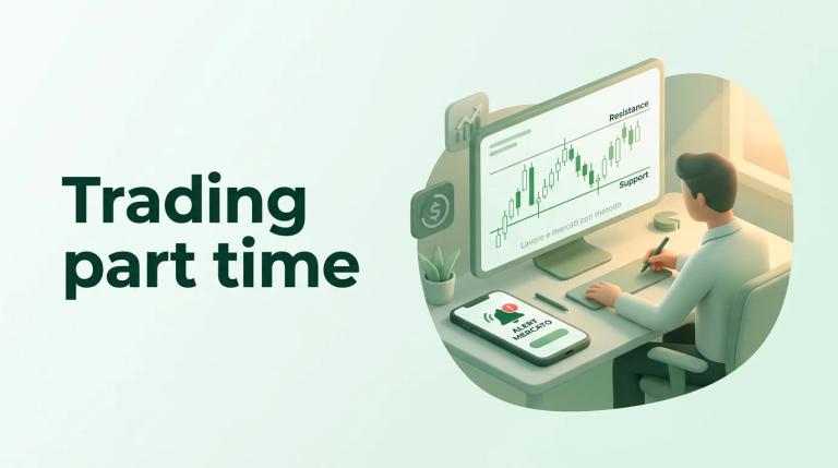Trader che analizza grafici la sera dopo il lavoro con alert configurati sul telefono