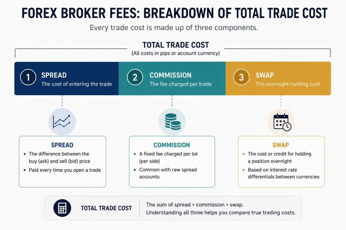 Forex broker fee structure broken down into spread, commission, and swap costs